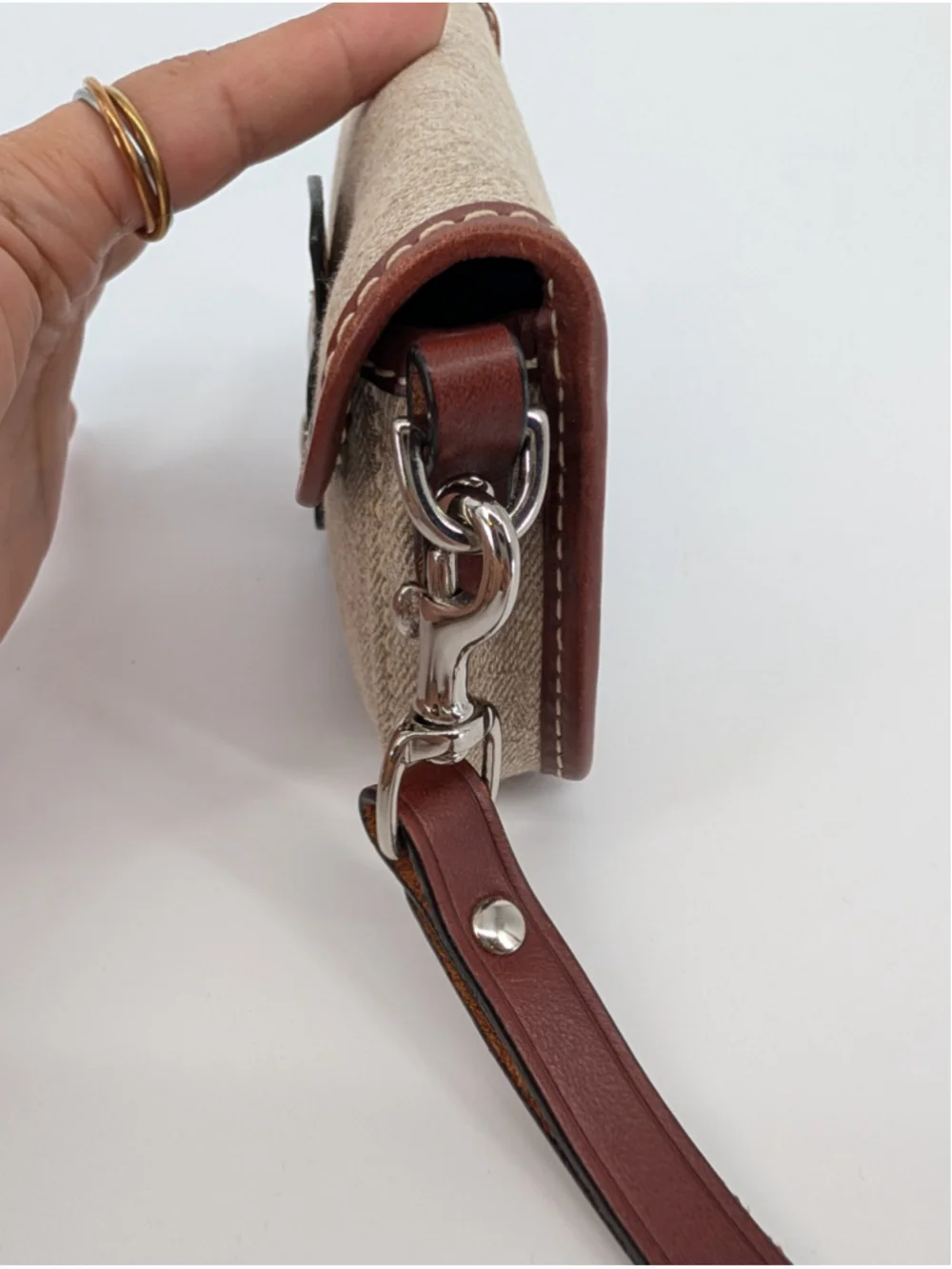 Dooney & Bourke Oncour Tweed Flap Wristlet Tan Brown Leather Trim